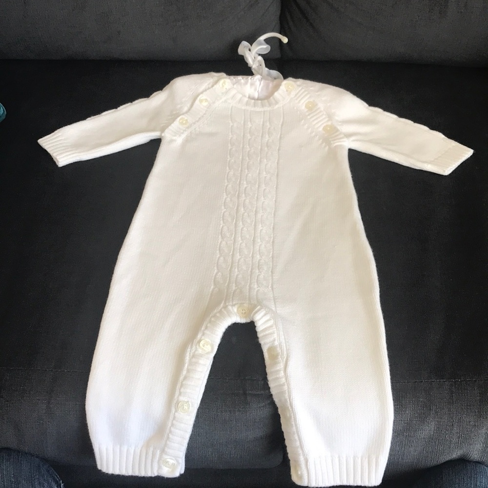 NWOT white 100% cotton cable knit onesie outfit.